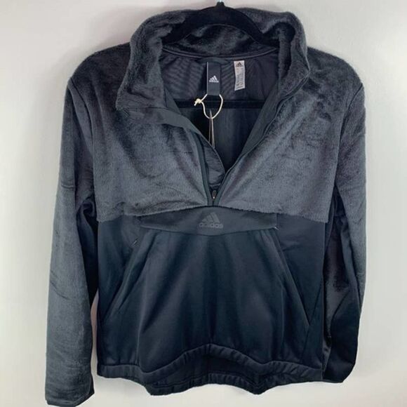 Adidas Fleece Pullover Womens Medium Faux Fur Half Zip Kangaroo Pocket NEW Black - Picture 7 of 9